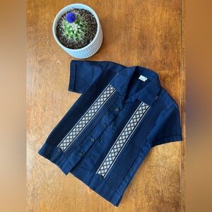 Navy Short Sleeve Button-Front Shirt with Embroidered Panels
